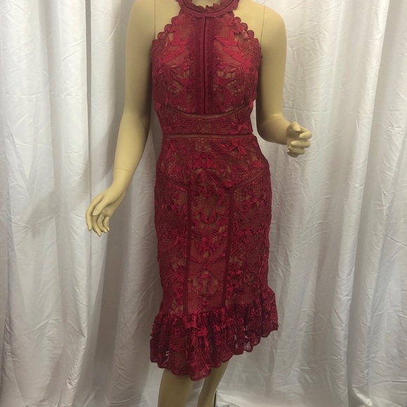 Marchesa Notte Red Sheath Dress with Guipure Lace - Picture 2 of 4